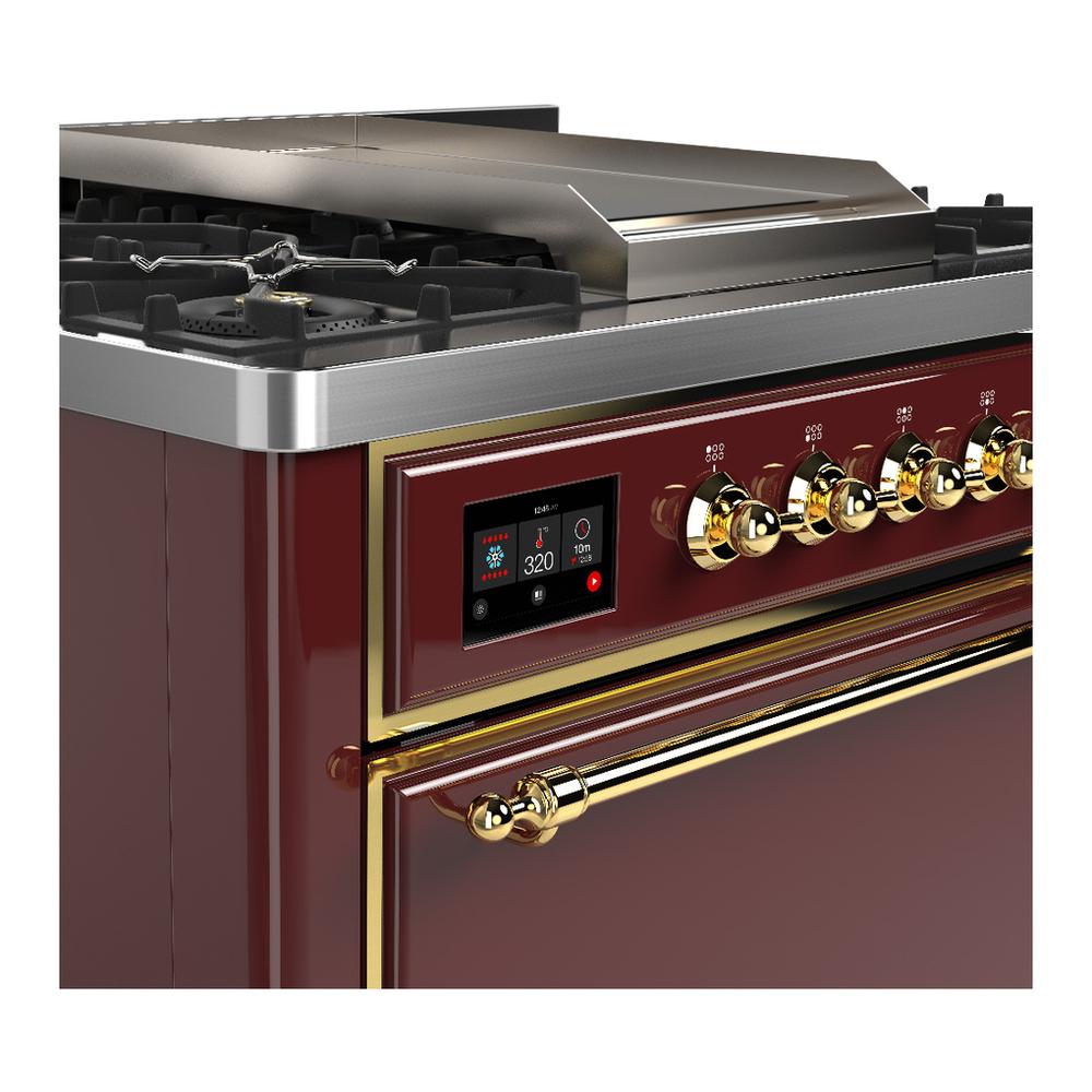 Ilve UM36FQNR3BUGLP Ilve Um36Fqnr3Buglp Majestic Iii 36 Inch Dual Fuel Range With 6 Black Brass Burners And Griddle, Dual Function Burner Up To 25,000 Btu (Solid Door, Burgundy, Brass, Liquid Propane)