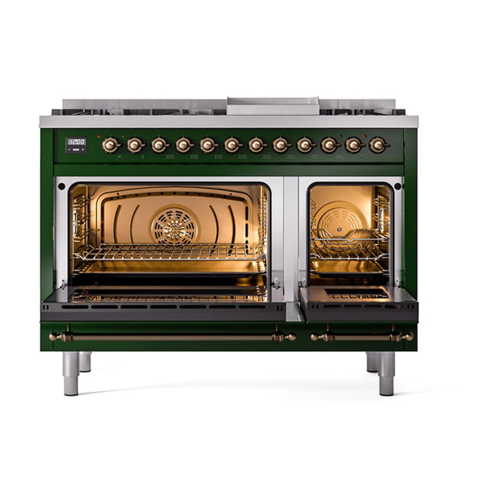 Ilve UN48FQNMPEGB Ilve Un48Fqnmpegb Nostalgie Ii Noblesse 48" Dual Fuel Range (8 Sealed Burners + Griddle, Natural Gas, Solid Door, Emerald Green, Burnished)