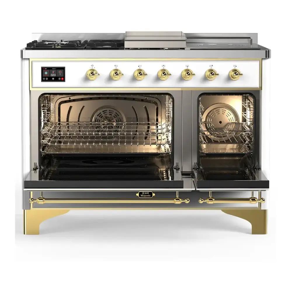 Ilve UM48FSNR3RAGLP Ilve Um48Fsnr3Raglp Majestic Iii 48 Inch Dual Fuel Range With 5 Black Brass Burners, Griddle And French Top, Dual Function Burner Up To 25,000 Btu (Liquid Propane, Triple Glass Door, Ral, Brass)