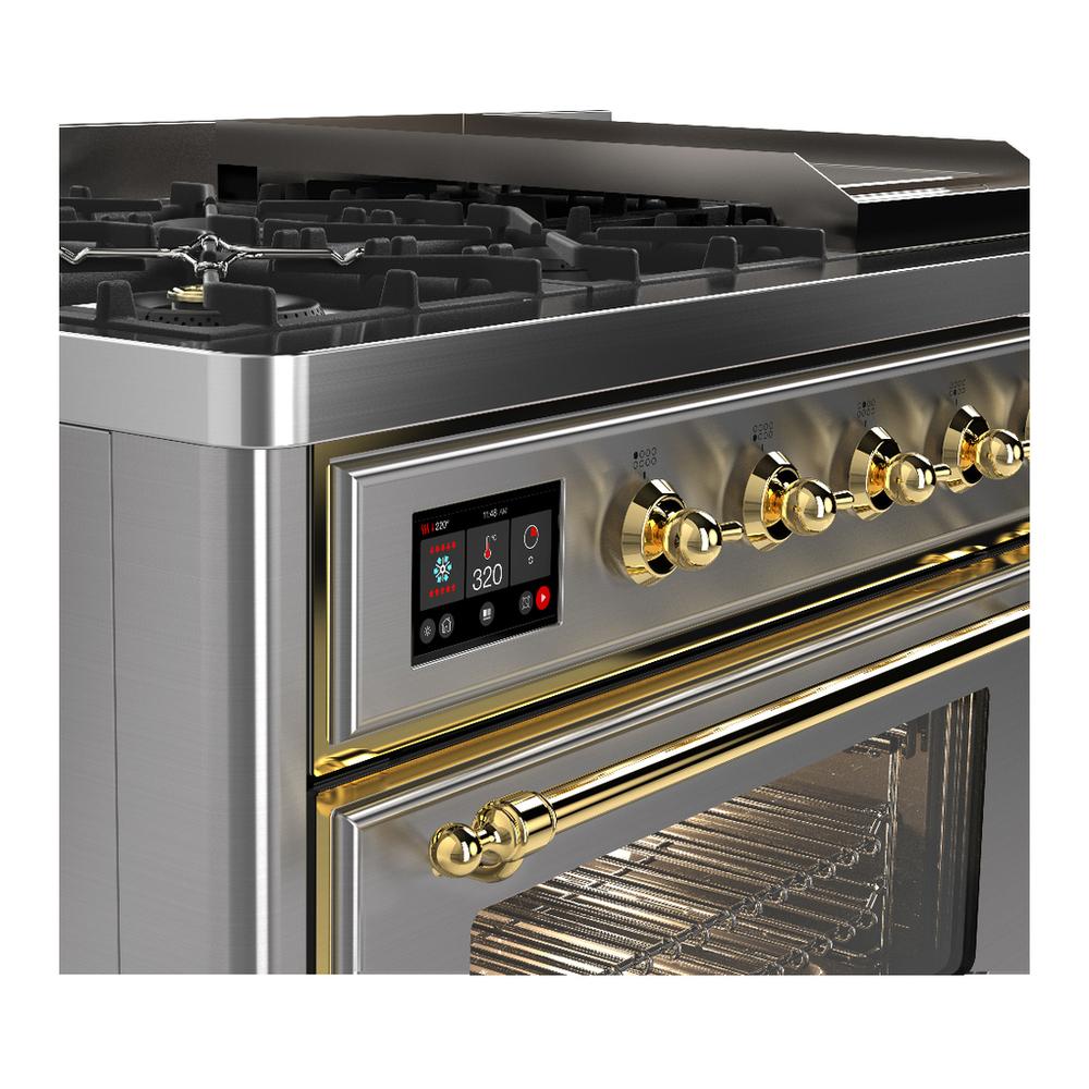 Ilve UM48FNR3SSG Ilve Um48Fnr3Ssg Majestic Iii 48 Inch Dual Fuel Range With 8 Burners And Griddle, Dual Function Burner Up To 25,000 Btu (Natural Gas, Triple Glass Door, Stainless Steel, Brass)