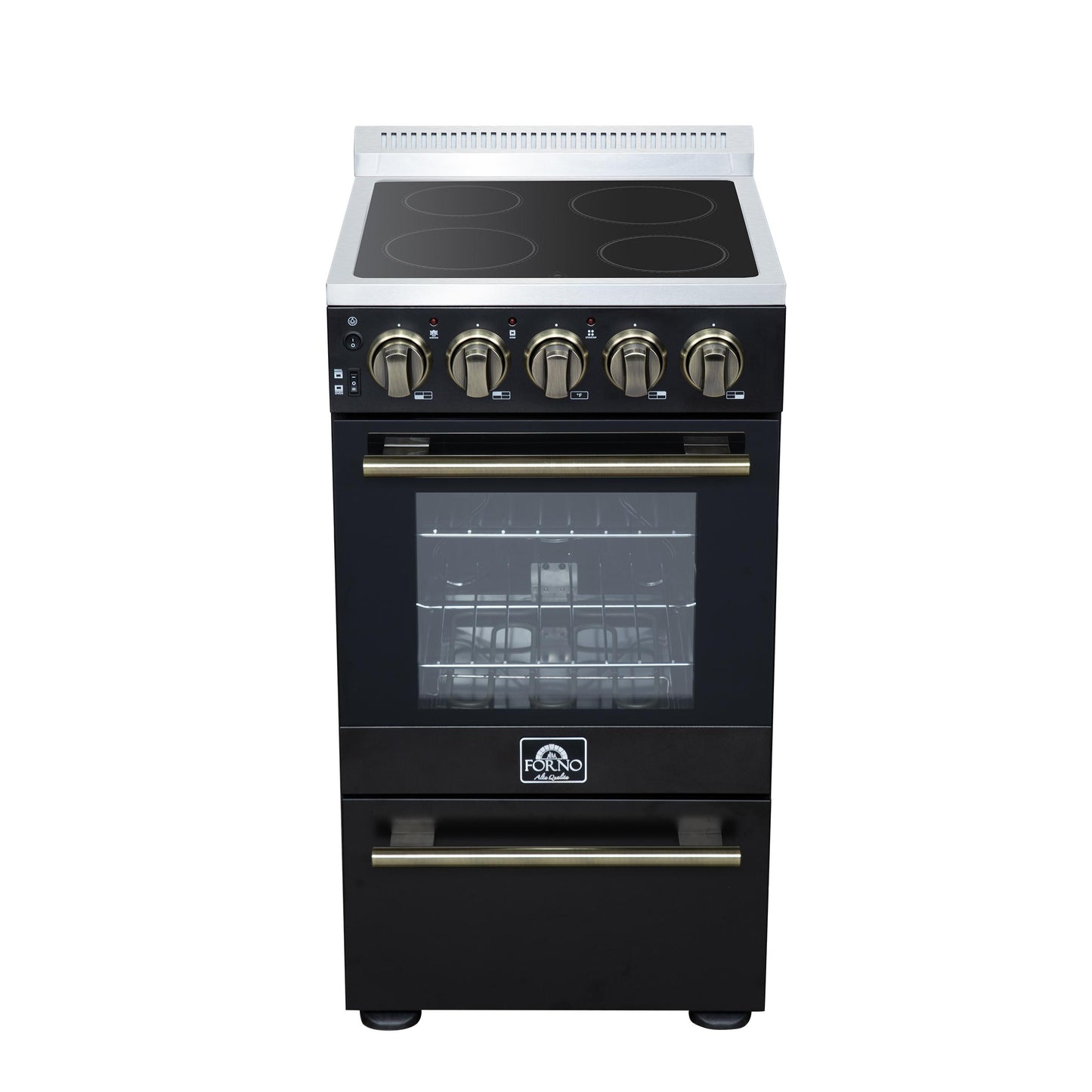 Forno FFSEL605220BLK Forno Pallerano 20 Inch Freestanding Electric Range In Black With Antique Brass, Compact Design