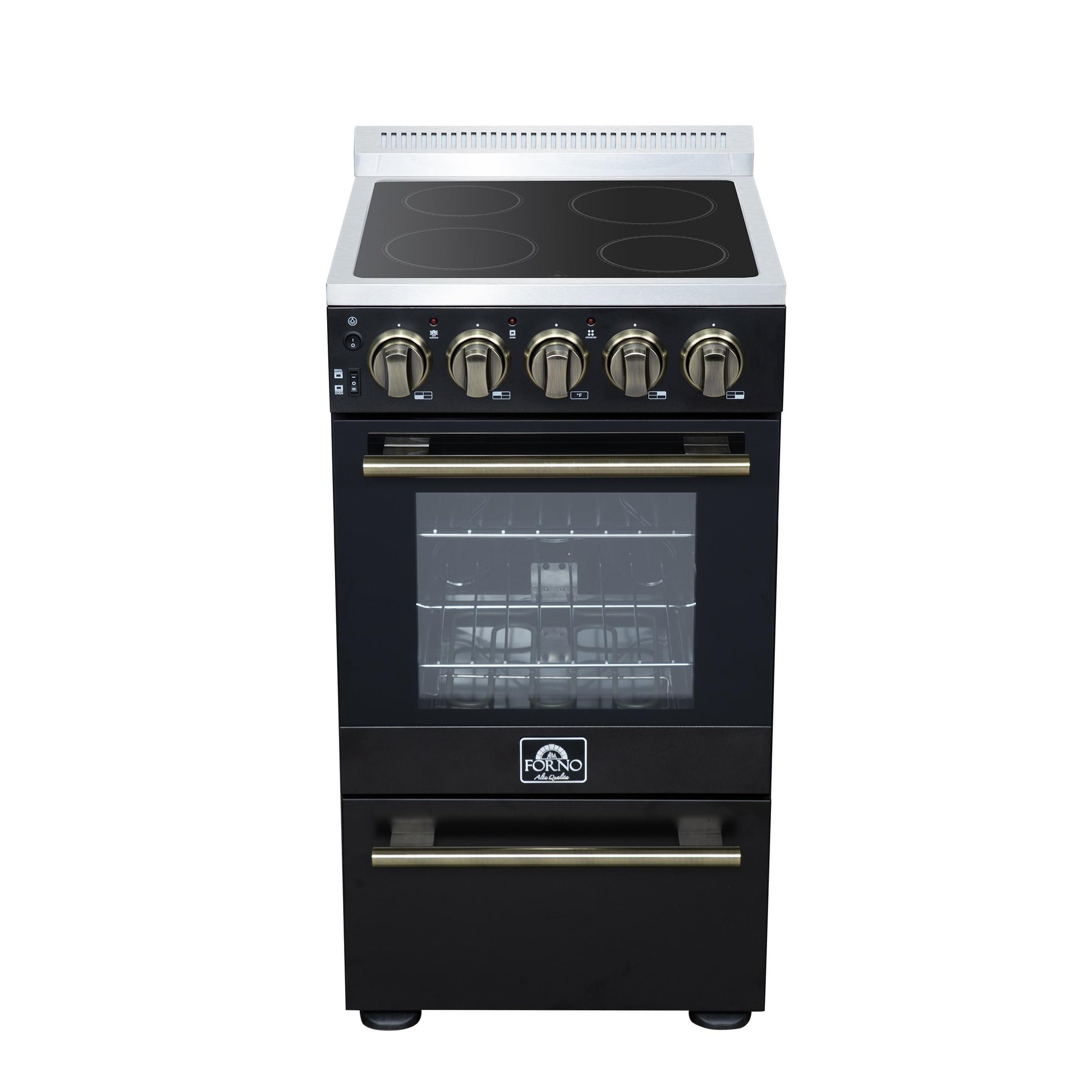 Forno FFSEL605220BLK Forno Pallerano 20 Inch Freestanding Electric Range In Black With Antique Brass, Compact Design
