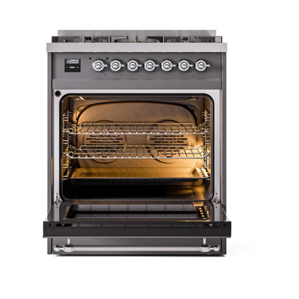 Ilve UN30NMPMGCLP Ilve Un30Nmpmgclp Nostalgie Ii Noblesse 30" Dual Fuel Range (Liquid Propane, Triple Glass Door, Graphite Matte, Chrome)