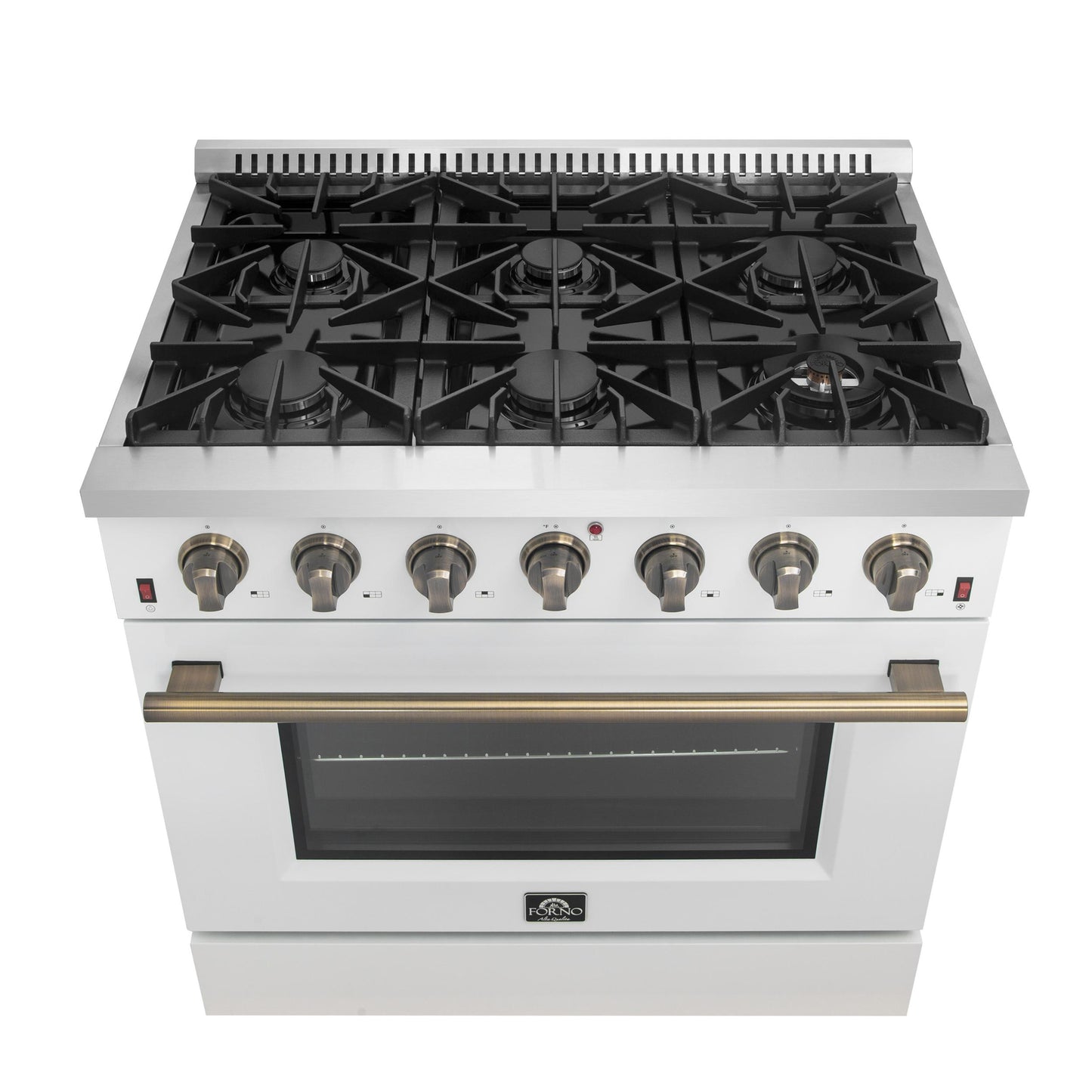 Forno FFSGS624436WHT Forno Galiano 36-Inch Freestanding Gas Range In White With Antique Brass Design, 6 Burners, 83,000 Btu, 5.36 Cu.Ft. Convection Oven