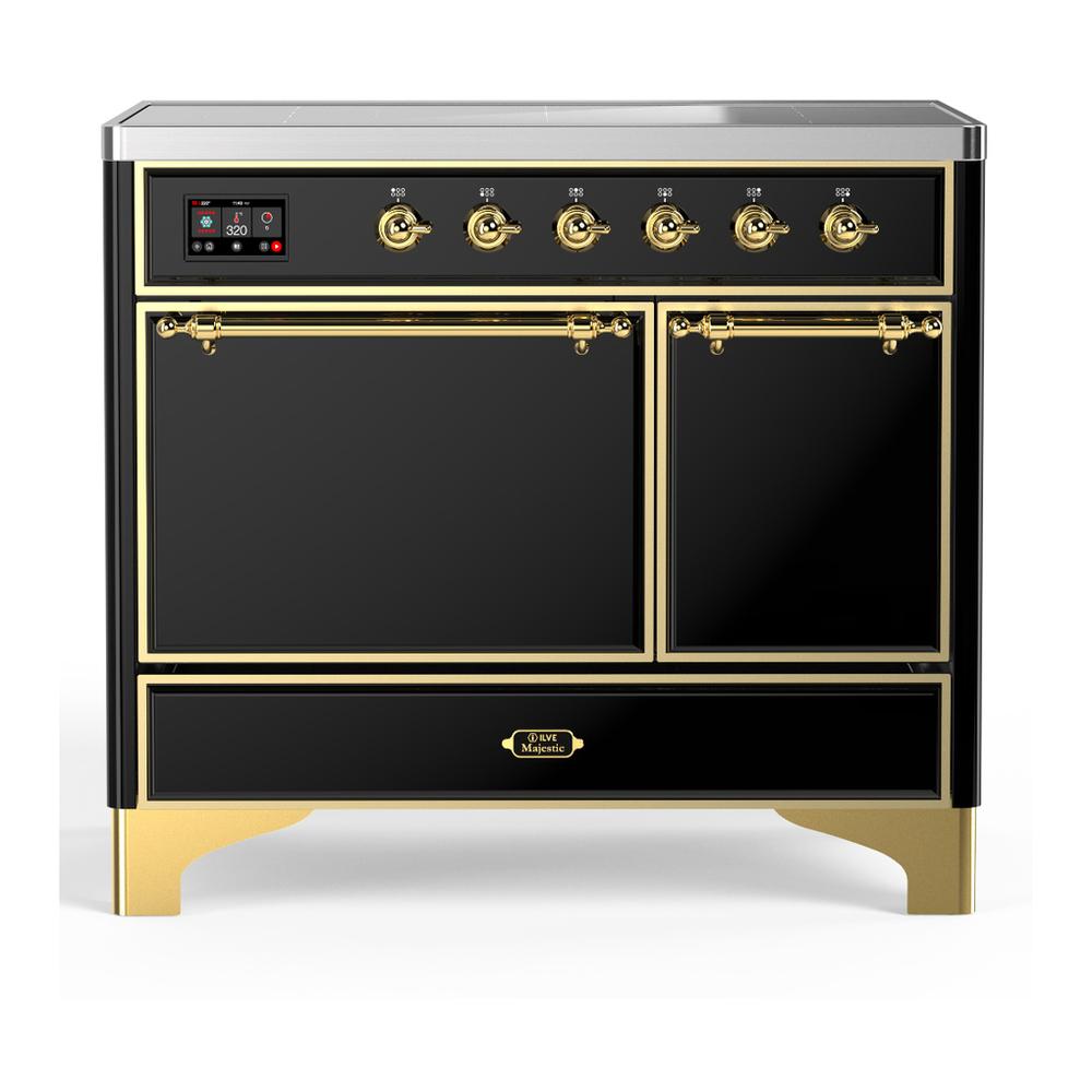 Ilve UMDIB40QNR3BKG Ilve Umdib40Qnr3Bkg Majestic Iii 40 Inch Induction Range With 6 Elements, 3.82 Cu. Ft. Total Oven Capacity (Solid Door, Glossy Black, Brass)