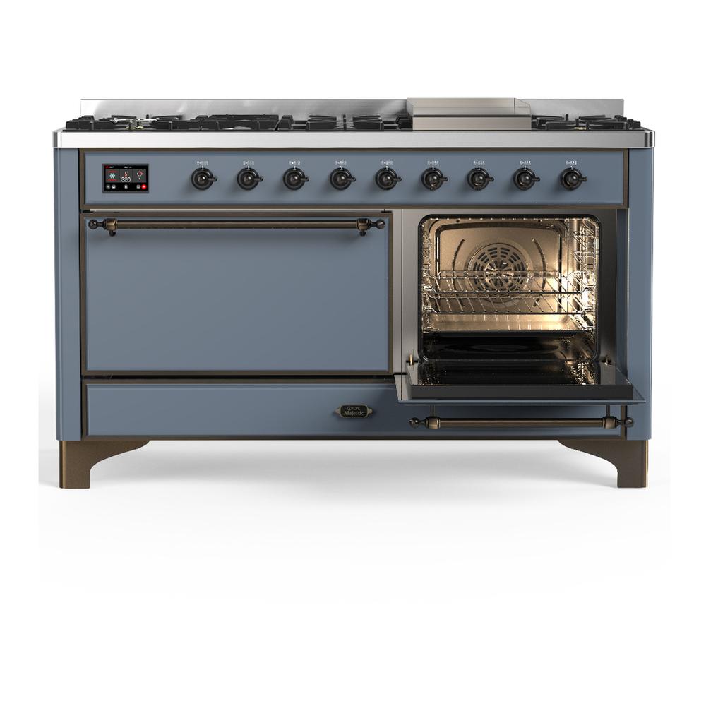 Ilve UM60FQNR3BGB Ilve Um60Fqnr3Bgb Majestic Iii 60 Inch Dual Fuel Range With 9 Burners And Griddle, Dual Function Burner Up To 25,000 Btu (Natural Gas, Solid Door, Blue Grey, Burnished)