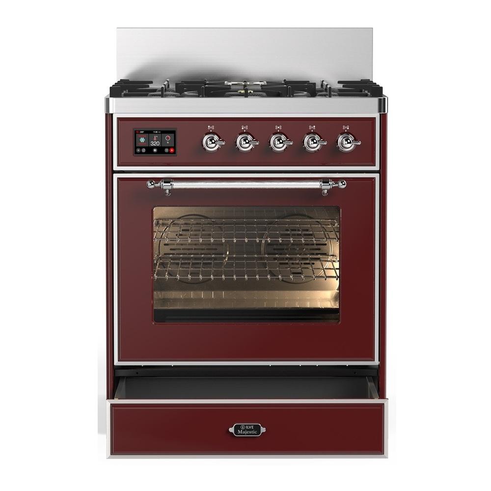 Ilve UM30NR3BUC Ilve Um30Nr3Buc Majestic Iii 30 Inch Dual Fuel Range With 5 Black Brass Burners, Dual Function Burner Up To 25,000 Btu (Natural Gas, Triple Glass Door, Burgundy, Chrome)