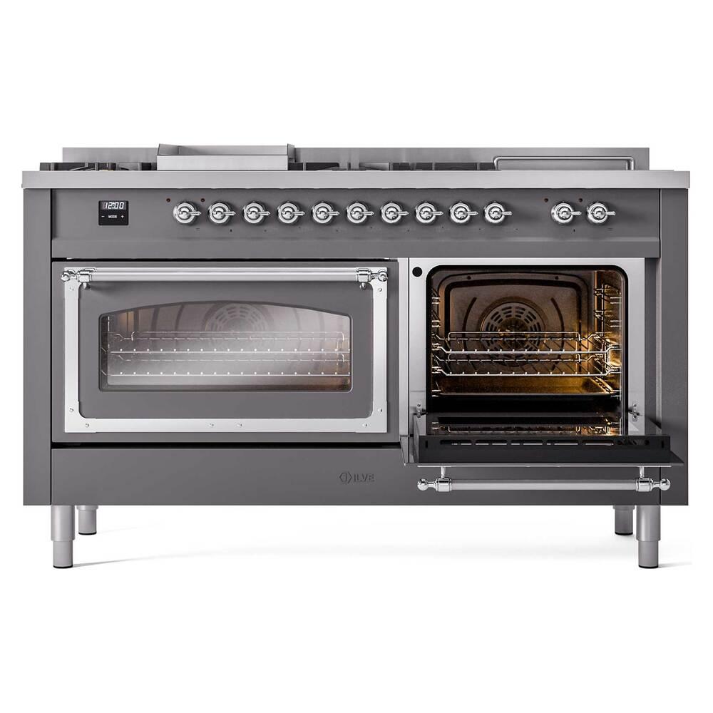 Ilve UN60FSNMPMGC Ilve Un60Fsnmpmgc Nostalgie Ii Noblesse 60" Dual Fuel Range (7 Sealed Burners + Griddle + French Top, Natural Gas, Triple Glass Door, Graphite Matte, Chrome)