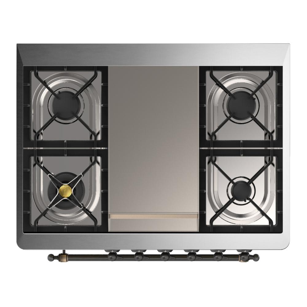 Ilve UM36FNR3WHB Ilve Um36Fnr3Whb Majestic Iii 36 Inch Dual Fuel Range With 6 Black Brass Burners And Griddle, Dual Function Burner Up To 25,000 Btu (Triple Glass Door, White, Burnished, Natural Gas)