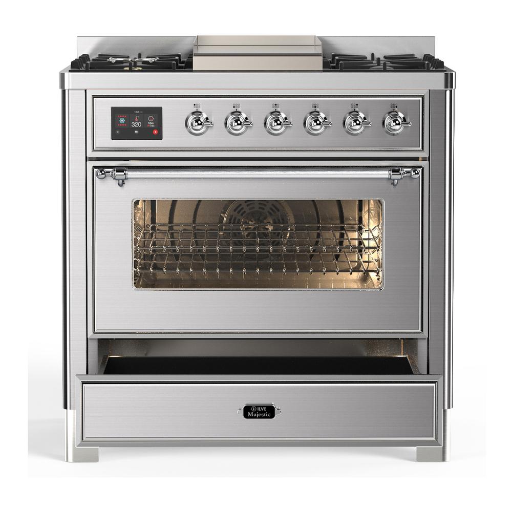 Ilve UM36FNR3SSCLP Ilve Um36Fnr3Ssclp Majestic Iii 36 Inch Dual Fuel Range With 6 Black Brass Burners And Griddle, Dual Function Burner Up To 25,000 Btu (Triple Glass Door, Stainless Steel, Chrome, Liquid Propane)