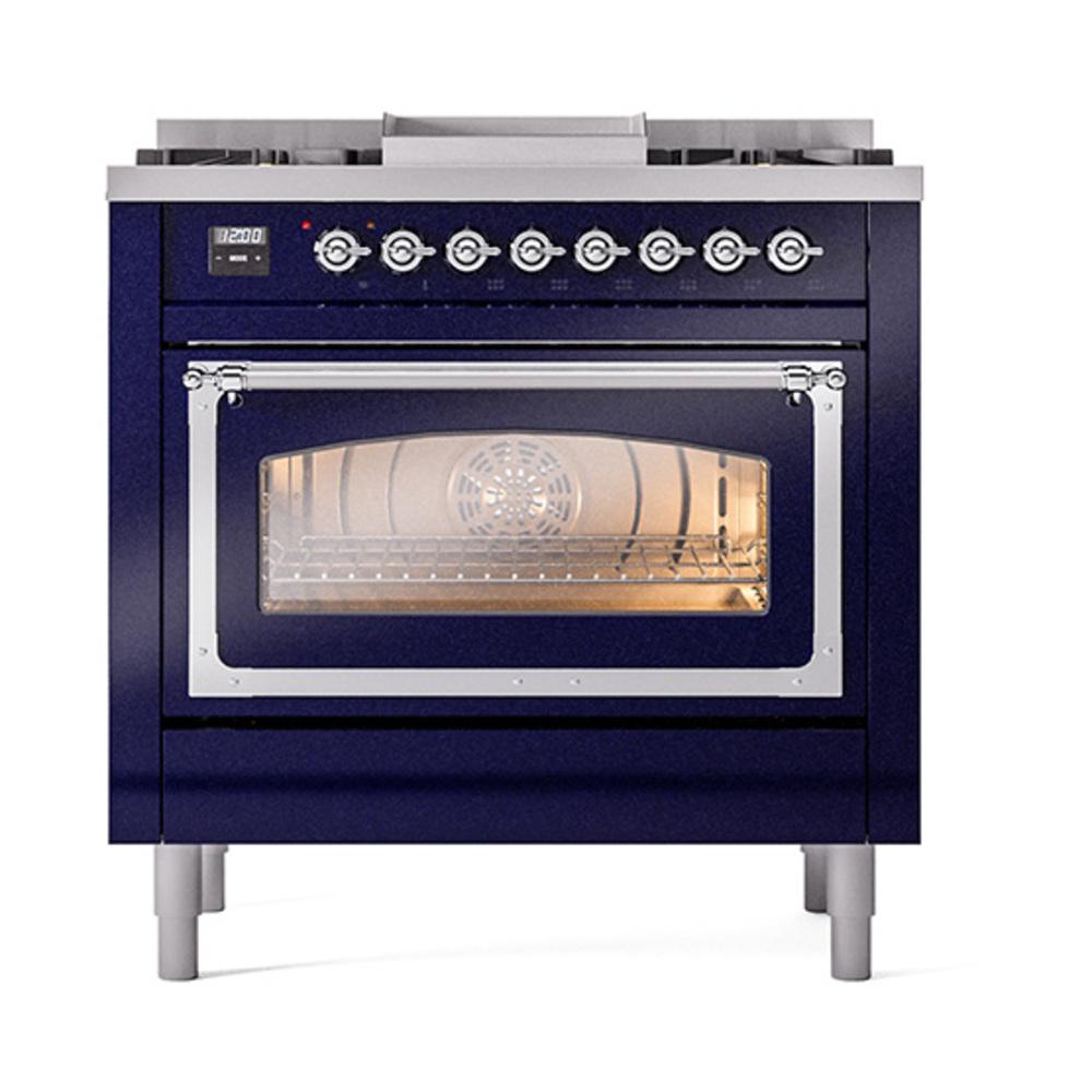 Ilve UN36FNMPMBCLP Ilve Un36Fnmpmbclp Nostalgie Ii Noblesse 36" Dual Fuel Range (Liquid Propane, Triple Glass Door, Midnight Blue, Chrome)