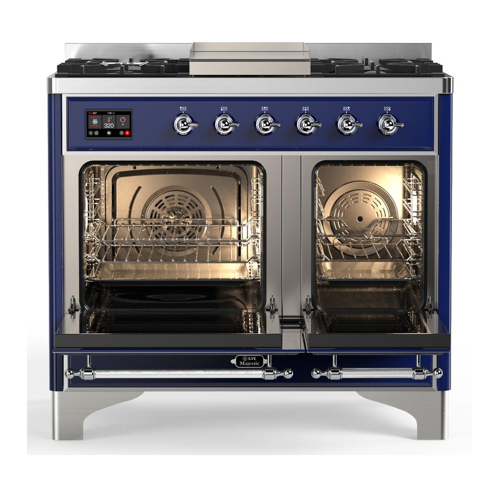 Ilve UMD40FNR3MBC Ilve Umd40Fnr3Mbc Majestic Iii 40 Inch Dual Fuel Range With 6 Burners And Griddle, Dual Function Burner Up To 25,000 Btu (Natural Gas, Triple Glass Door, Midnight Blue, Chrome)
