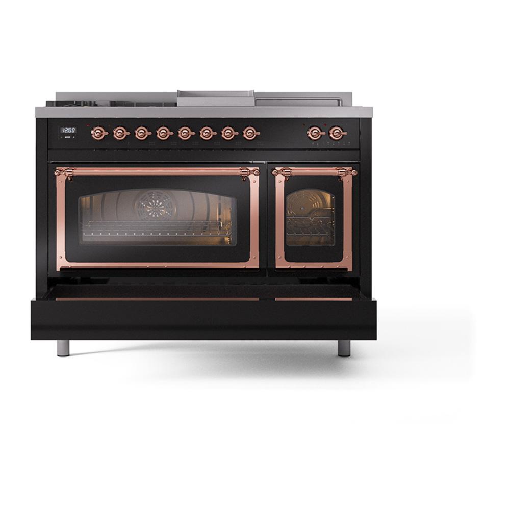 Ilve UN48FSNMPBKPLP Ilve Un48Fsnmpbkplp Nostalgie Ii Noblesse 48" Dual Fuel Range (5 Sealed Burners + Griddle + French Top, Liquid Propane, Triple Glass Door, Glossy Black, Copper)