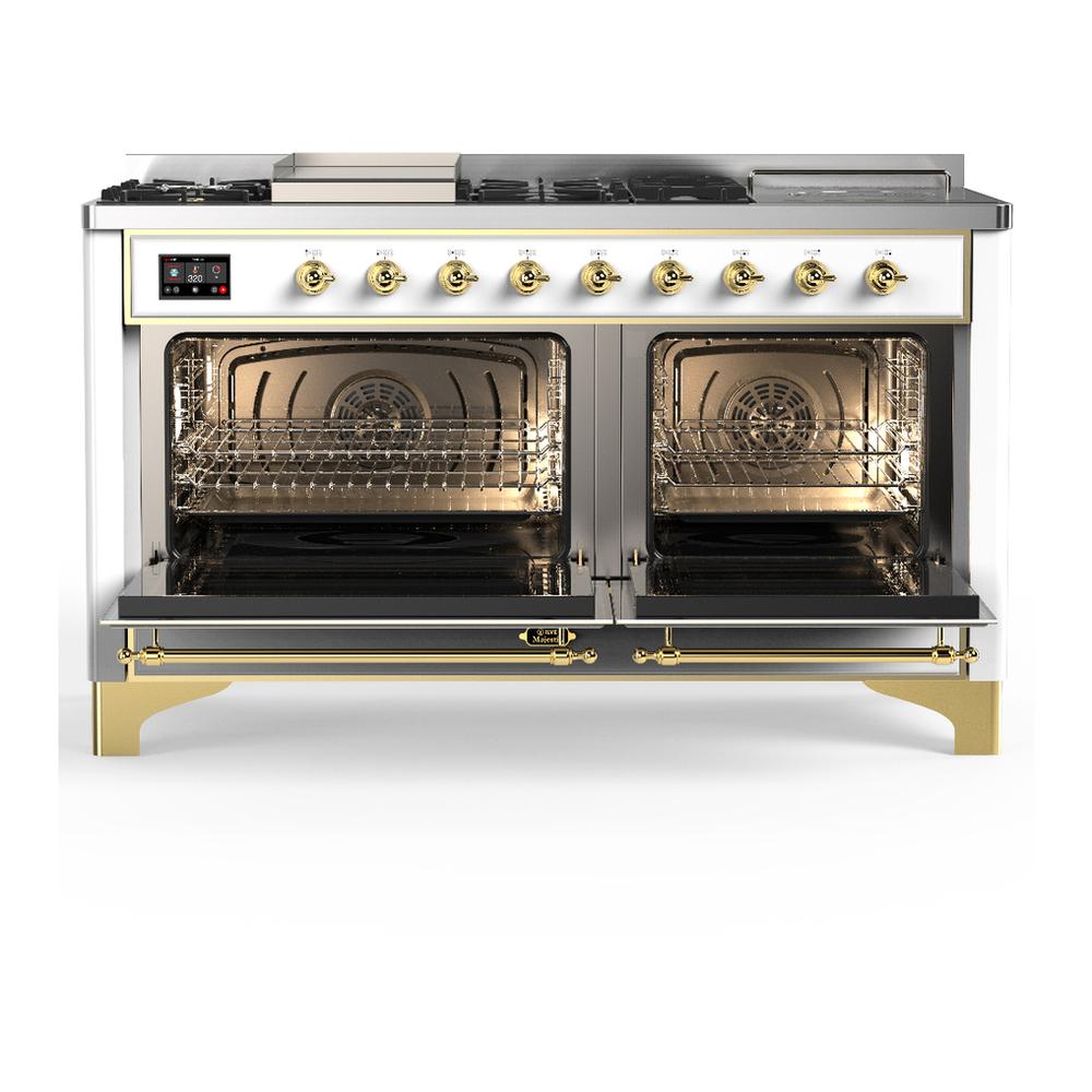 Ilve UM60FSQNR3WHG Ilve Um60Fsqnr3Whg Majestic Iii 60 Inch Dual Fuel Range With 7 Burners, Griddle And French Top, Dual Function Burner With Up To 25,000 Btu (Natural Gas, Solid Door, White, Brass)