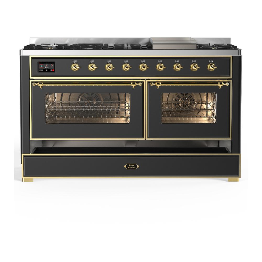 Ilve UM60FNR3MGGLP Ilve Um60Fnr3Mgglp Majestic Iii 60 Inch Dual Fuel Range With 9 Burners And Griddle, Dual Function Burner Up To 25,000 Btu (Liquid Propane, Triple Glass Door, Graphite Matte, Brass)
