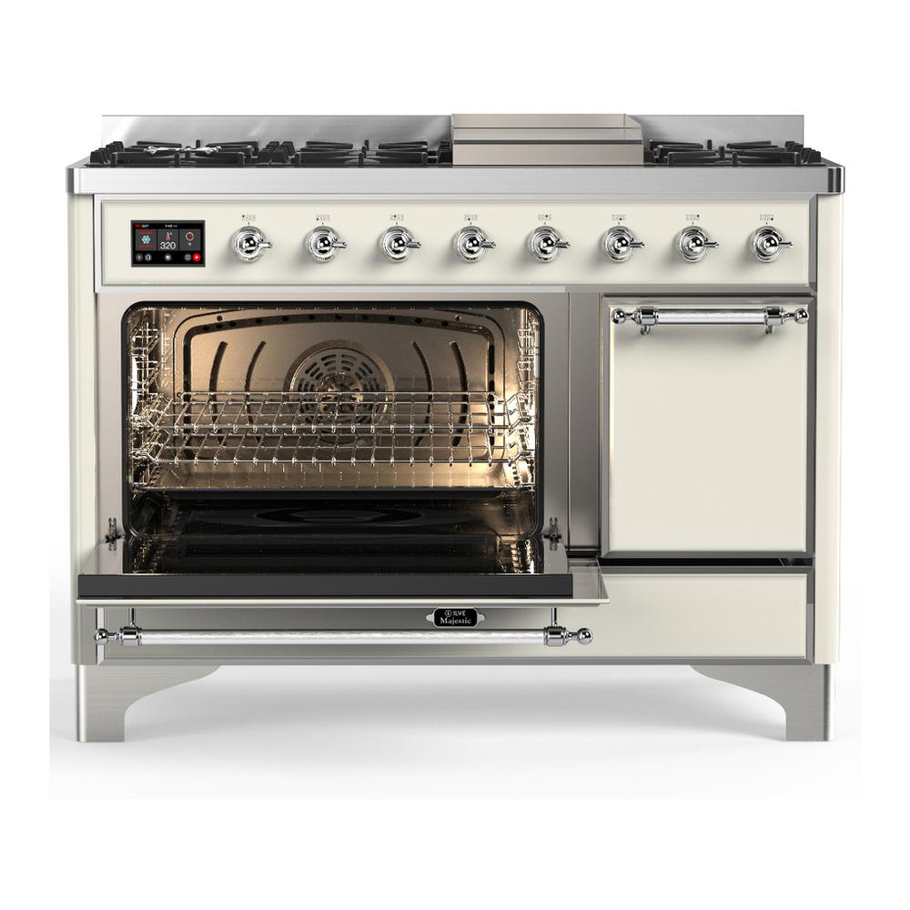 Ilve UM48FQNR3AWCLP Ilve Um48Fqnr3Awclp Majestic Iii 48 Inch Dual Fuel Range With 8 Burners And Griddle, Dual Function Burner Up To 25,000 Btu (Liquid Propane, Solid Door, Antique White, Chrome)