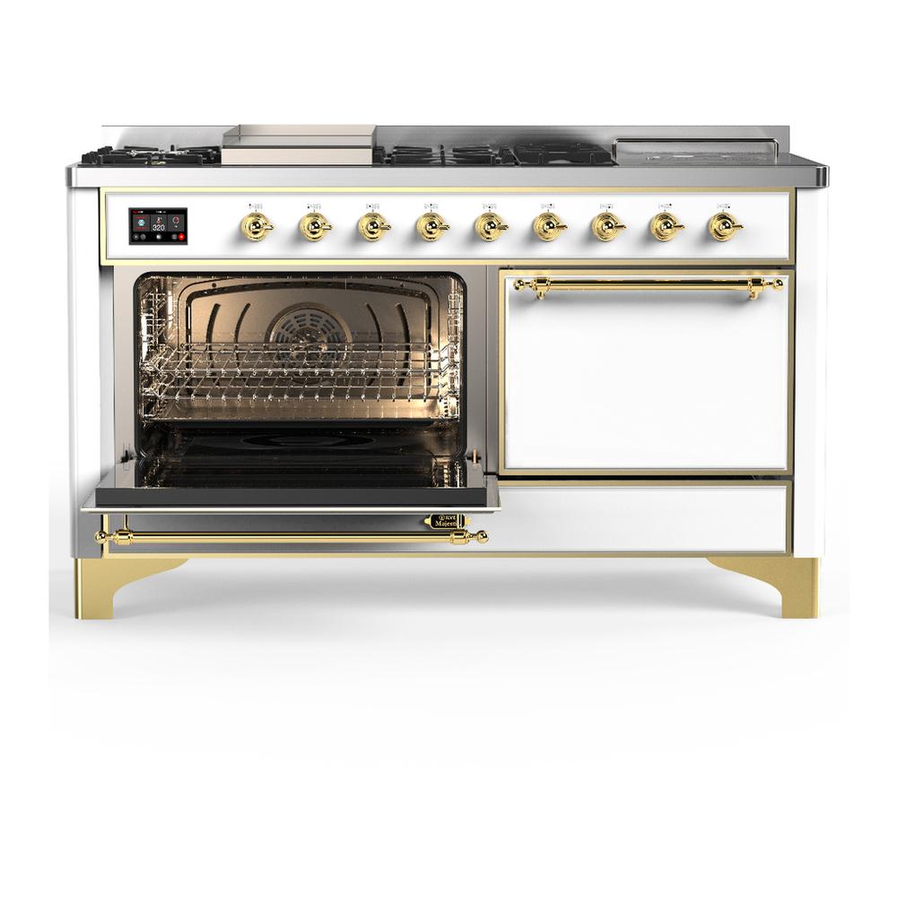 Ilve UM60FSQNR3WHG Ilve Um60Fsqnr3Whg Majestic Iii 60 Inch Dual Fuel Range With 7 Burners, Griddle And French Top, Dual Function Burner With Up To 25,000 Btu (Natural Gas, Solid Door, White, Brass)