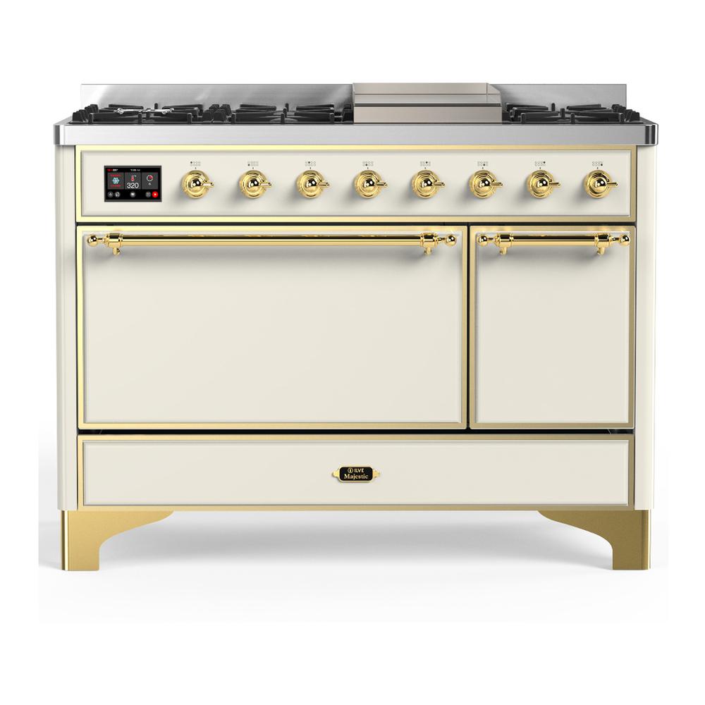 Ilve UM48FQNR3AWGLP Ilve Um48Fqnr3Awglp Majestic Iii 48 Inch Dual Fuel Range With 8 Burners And Griddle, Dual Function Burner Up To 25,000 Btu (Liquid Propane, Solid Door, Antique White, Brass)