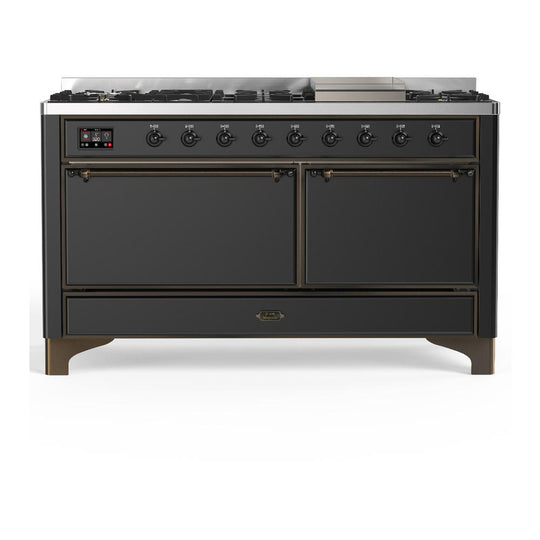 Ilve UM60FQNR3MGBLP Ilve Um60Fqnr3Mgblp Majestic Iii 60 Inch Dual Fuel Range With 9 Burners And Griddle, Dual Function Burner Up To 25,000 Btu (Liquid Propane, Solid Door, Graphite Matte, Burnished)