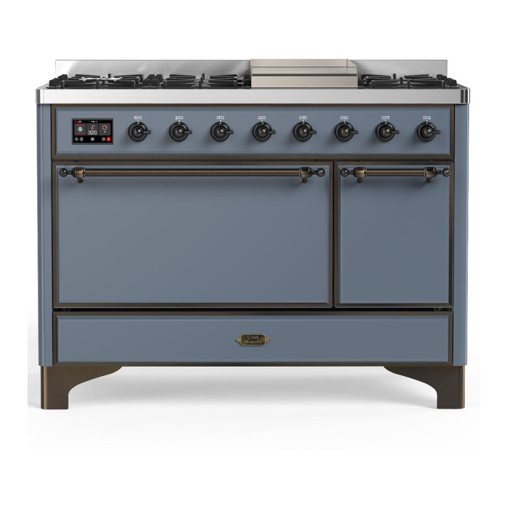 Ilve UM48FQNR3BGB Ilve Um48Fqnr3Bgb Majestic Iii 48 Inch Dual Fuel Range With 8 Burners And Griddle, Dual Function Burner Up To 25,000 Btu (Natural Gas, Solid Door, Blue Grey, Burnished)