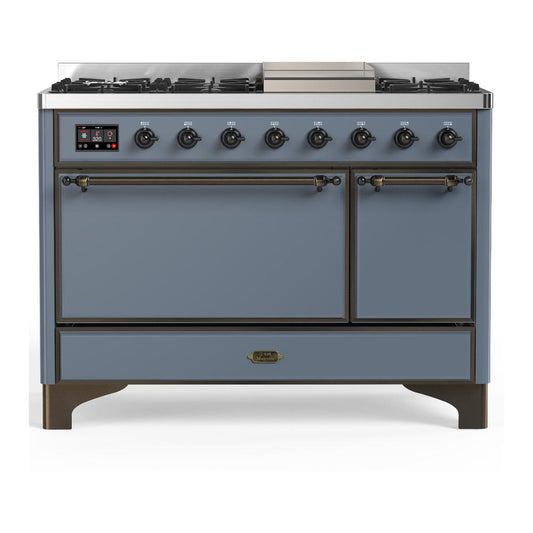 Ilve UM48FQNR3BGB Ilve Um48Fqnr3Bgb Majestic Iii 48 Inch Dual Fuel Range With 8 Burners And Griddle, Dual Function Burner Up To 25,000 Btu (Natural Gas, Solid Door, Blue Grey, Burnished)