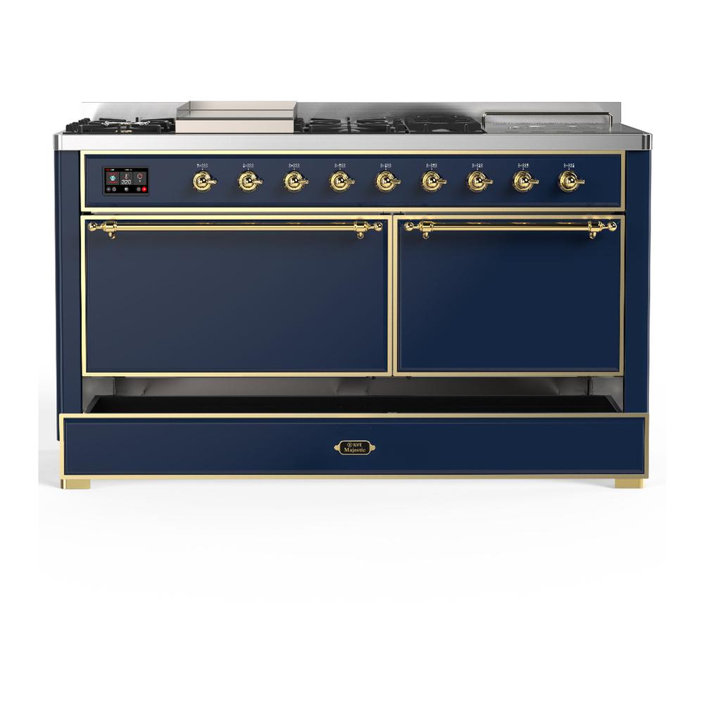 Ilve UM60FSQNR3MBG Ilve Um60Fsqnr3Mbg Majestic Iii 60 Inch Dual Fuel Range With 7 Burners, Griddle And French Top, Dual Function Burner With Up To 25,000 Btu (Natural Gas, Solid Door, Midnight Blue, Brass)