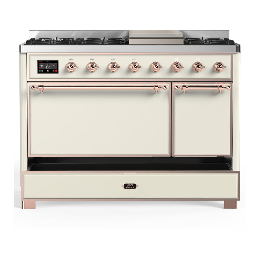 Ilve UM48FQNR3AWP Ilve Um48Fqnr3Awp Majestic Iii 48 Inch Dual Fuel Range With 8 Burners And Griddle, Dual Function Burner Up To 25,000 Btu (Natural Gas, Solid Door, Antique White, Copper)
