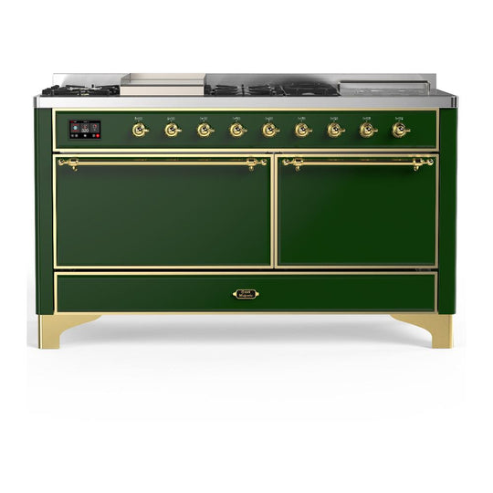 Ilve UM60FSQNR3EGG Ilve Um60Fsqnr3Egg Majestic Iii 60 Inch Dual Fuel Range With 7 Burners, Griddle And French Top, Dual Function Burner With Up To 25,000 Btu (Natural Gas, Solid Door, Emerald Green, Brass)