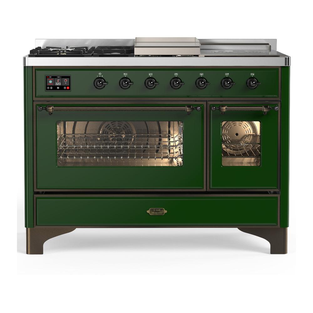 Ilve UM48FSNR3EGBLP Ilve Um48Fsnr3Egblp Majestic Iii 48 Inch Dual Fuel Range With 5 Black Brass Burners, Griddle And French Top, Dual Function Burner Up To 25,000 Btu (Liquid Propane, Triple Glass Door, Emerald Green, Burnished)