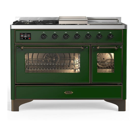 Ilve UM48FSNR3EGBLP Ilve Um48Fsnr3Egblp Majestic Iii 48 Inch Dual Fuel Range With 5 Black Brass Burners, Griddle And French Top, Dual Function Burner Up To 25,000 Btu (Liquid Propane, Triple Glass Door, Emerald Green, Burnished)