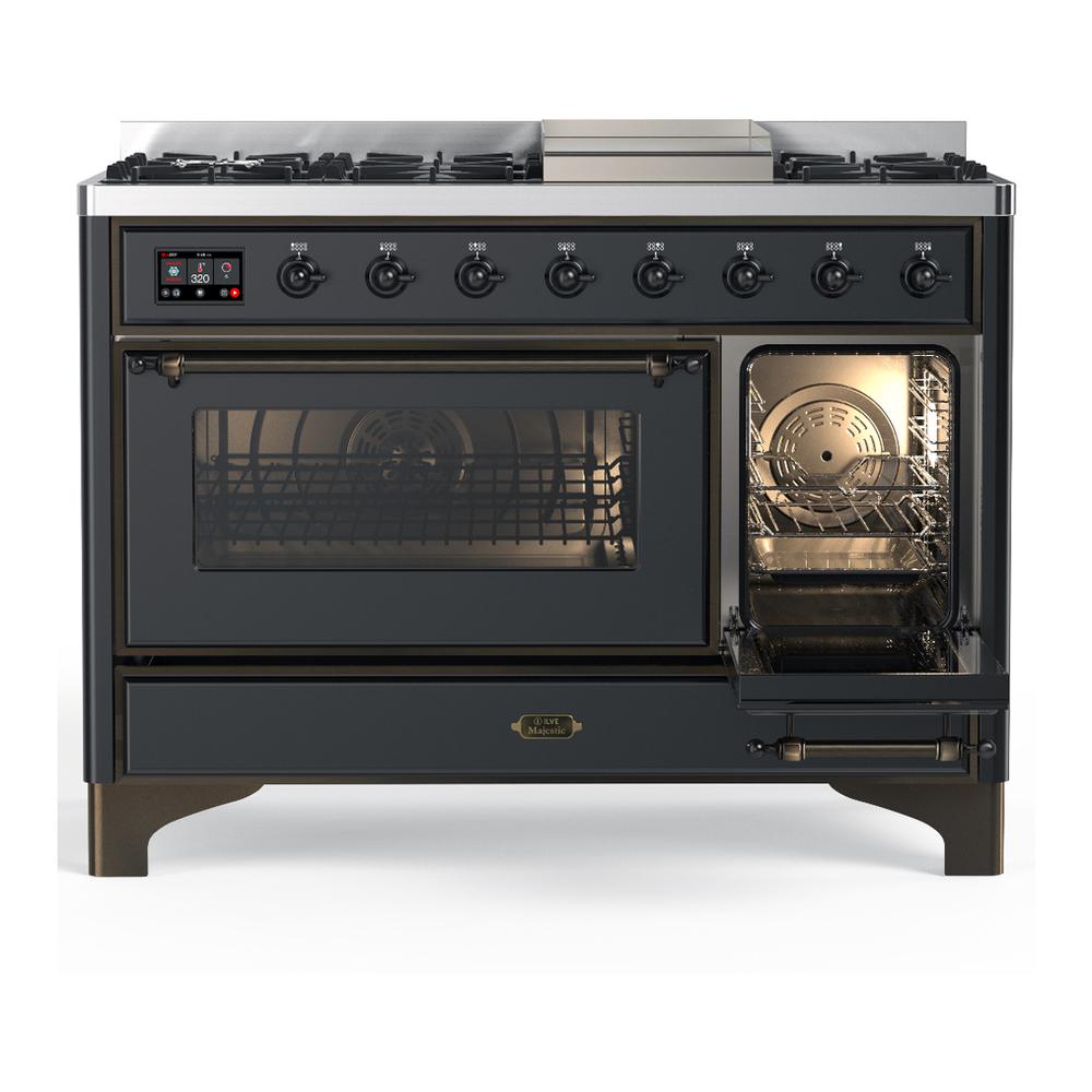 Ilve UM48FNR3MGBLP Ilve Um48Fnr3Mgblp Majestic Iii 48 Inch Dual Fuel Range With 8 Burners And Griddle, Dual Function Burner Up To 25,000 Btu (Liquid Propane, Triple Glass Door, Graphite Matte, Burnished)