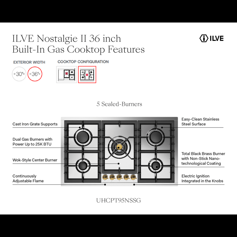Ilve UHCPT95NSSG Ilve Uhcpt95Nssg Nostalgie Ii 36 Inch Built-In Gas Cooktop With Total Black Brass Burners, In Stainless Steel (5 Sealed Burners, Natural Gas)