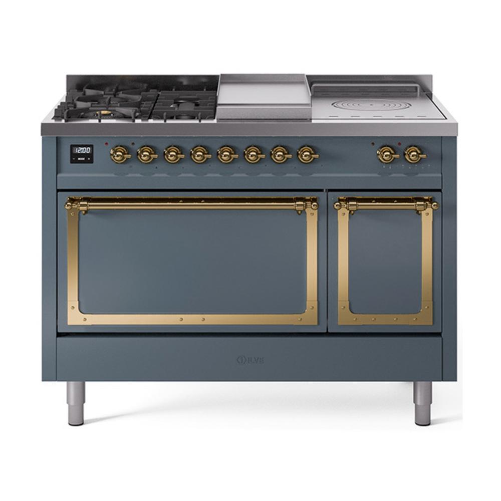 Ilve UN48FSQNMPBGGLP Ilve Un48Fsqnmpbgglp Nostalgie Ii Noblesse 48" Dual Fuel Range (5 Sealed Burners + Griddle + French Top, Liquid Propane, Solid Door, Blue Grey, Brass)