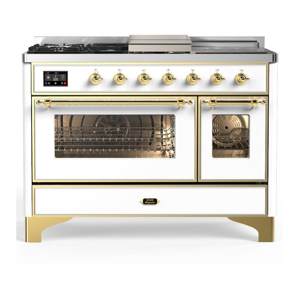 Ilve UM48FSNR3WHGLP Ilve Um48Fsnr3Whglp Majestic Iii 48 Inch Dual Fuel Range With 5 Black Brass Burners, Griddle And French Top, Dual Function Burner Up To 25,000 Btu (Liquid Propane, Triple Glass Door, White, Brass)