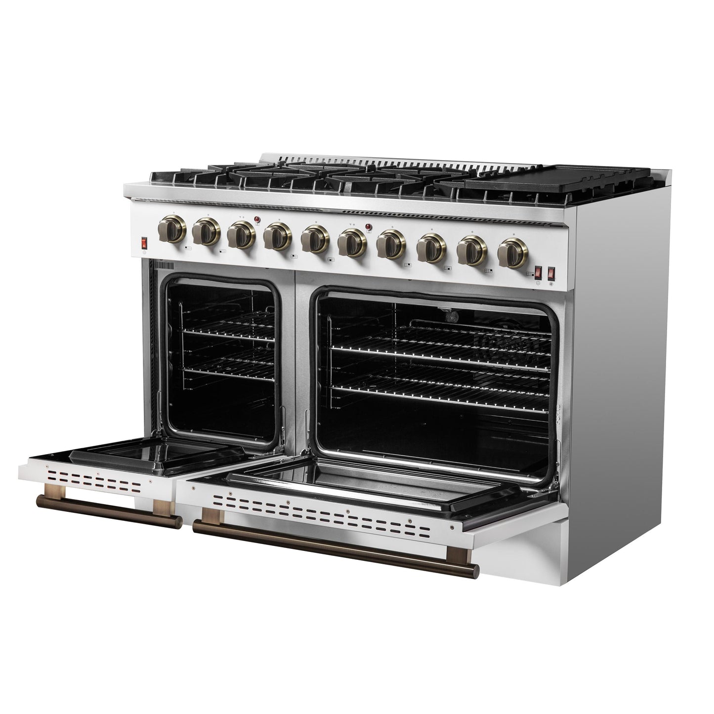 Forno FFSGS624448WHT Forno Galiano 48-Inch Gas Range White & Antique Brass Design, 8 Burners, 107,000 Btu, Griddle, 6.58 Cu.Ft. Double Ovens