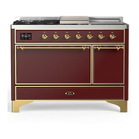 Ilve UM48FSQNR3BUGLP Ilve Um48Fsqnr3Buglp Majestic Iii 48 Inch Dual Fuel Range With 5 Black Brass Burners, Griddle And French Top, Dual Function Burner Up To 25,000 Btu (Liquid Propane, Solid Door, Burgundy, Brass)