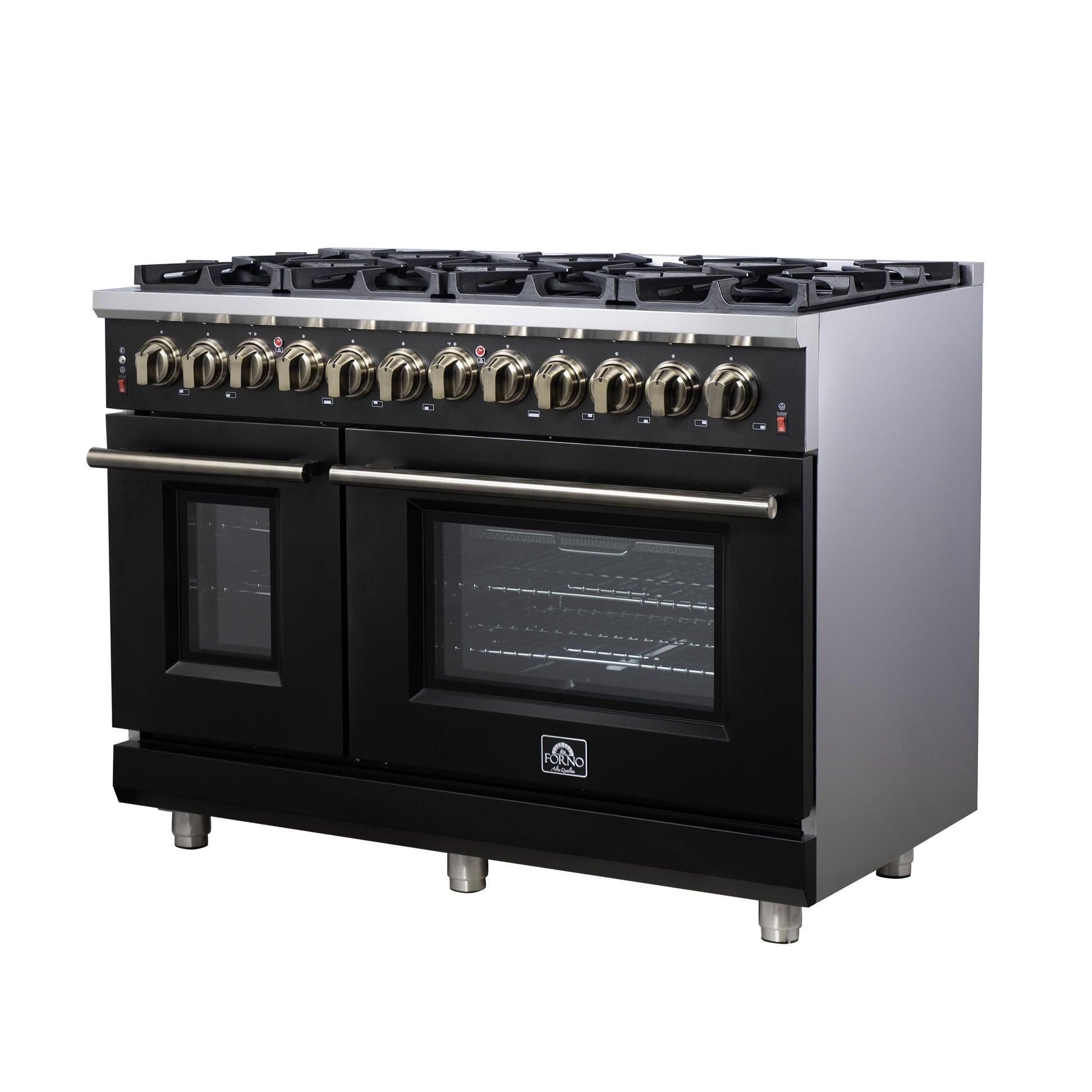 Forno FFSGS612548BLK Forno Massimo 48 Inch Freestanding Dual Fuel Range In Black With Antique Brass Accessories, 8 Burners, 6.58 Cu. Ft. Convection Oven