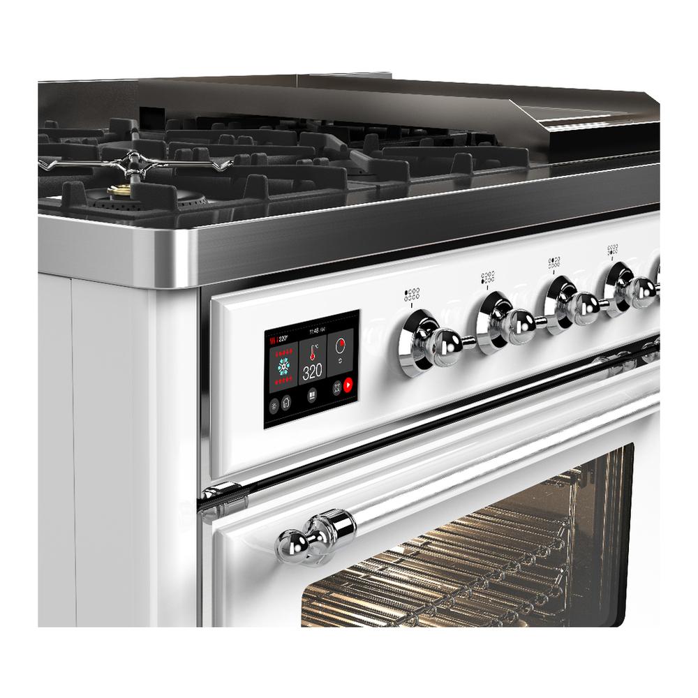 Ilve UM48FNR3WHCLP Ilve Um48Fnr3Whclp Majestic Iii 48 Inch Dual Fuel Range With 8 Burners And Griddle, Dual Function Burner Up To 25,000 Btu (Liquid Propane, Triple Glass Door, White, Chrome)