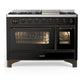 Ilve UM48FNR3BKBLP Ilve Um48Fnr3Bkblp Majestic Iii 48 Inch Dual Fuel Range With 8 Burners And Griddle, Dual Function Burner Up To 25,000 Btu (Liquid Propane, Triple Glass Door, Glossy Black, Burnished)