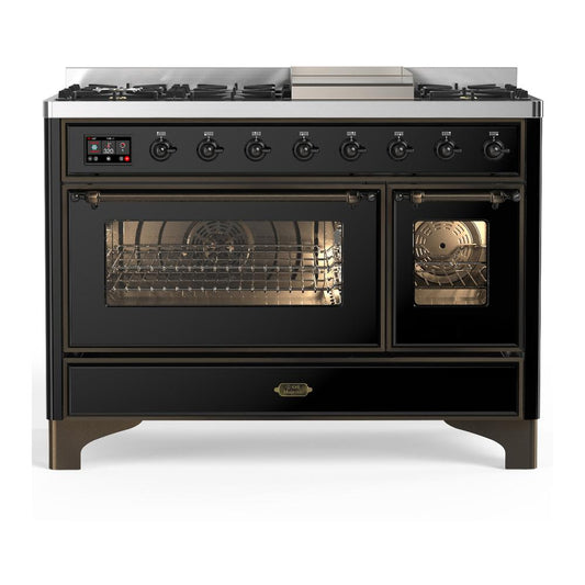Ilve UM48FNR3BKBLP Ilve Um48Fnr3Bkblp Majestic Iii 48 Inch Dual Fuel Range With 8 Burners And Griddle, Dual Function Burner Up To 25,000 Btu (Liquid Propane, Triple Glass Door, Glossy Black, Burnished)