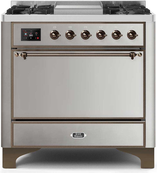 Ilve UM09FDQNS3SSBLP Majestic Ii 36 Inch Dual Fuel Liquid Propane Freestanding Range In Stainless Steel With Bronze Trim