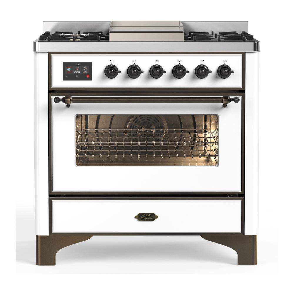 Ilve UM36FNR3WHBLP Ilve Um36Fnr3Whblp Majestic Iii 36 Inch Dual Fuel Range With 6 Black Brass Burners And Griddle, Dual Function Burner Up To 25,000 Btu (Triple Glass Door, White, Burnished, Liquid Propane)