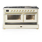 Ilve UM60FNR3AWGLP Ilve Um60Fnr3Awglp Majestic Iii 60 Inch Dual Fuel Range With 9 Burners And Griddle, Dual Function Burner Up To 25,000 Btu (Liquid Propane, Triple Glass Door, Antique White, Brass)