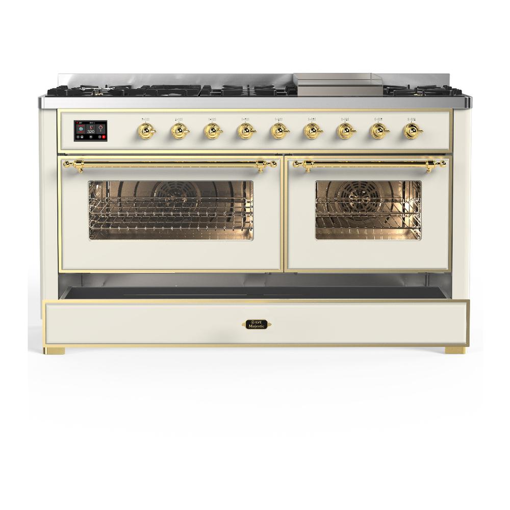 Ilve UM60FNR3AWGLP Ilve Um60Fnr3Awglp Majestic Iii 60 Inch Dual Fuel Range With 9 Burners And Griddle, Dual Function Burner Up To 25,000 Btu (Liquid Propane, Triple Glass Door, Antique White, Brass)