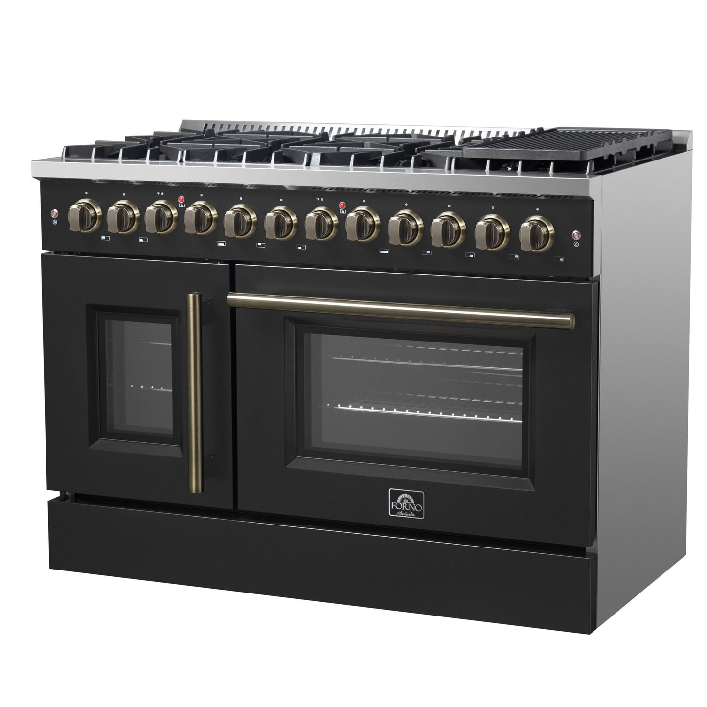 Forno FFSGS635648BLK Forno Galiano 48-Inch French Door Dual Fuel Range, Black & Antique Brass Design, 8 Sealed Burners - 107,000 Btu, Griddle, 6.58 Cu.Ft. Double Ovens