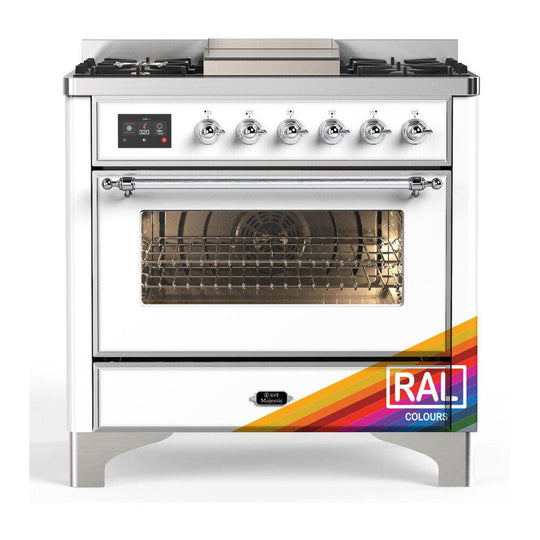 Ilve UM36FNR3RAC Ilve Um36Fnr3Rac Majestic Iii 36 Inch Dual Fuel Range With 6 Black Brass Burners And Griddle, Dual Function Burner Up To 25,000 Btu (Triple Glass Door, Ral, Chrome, Natural Gas)