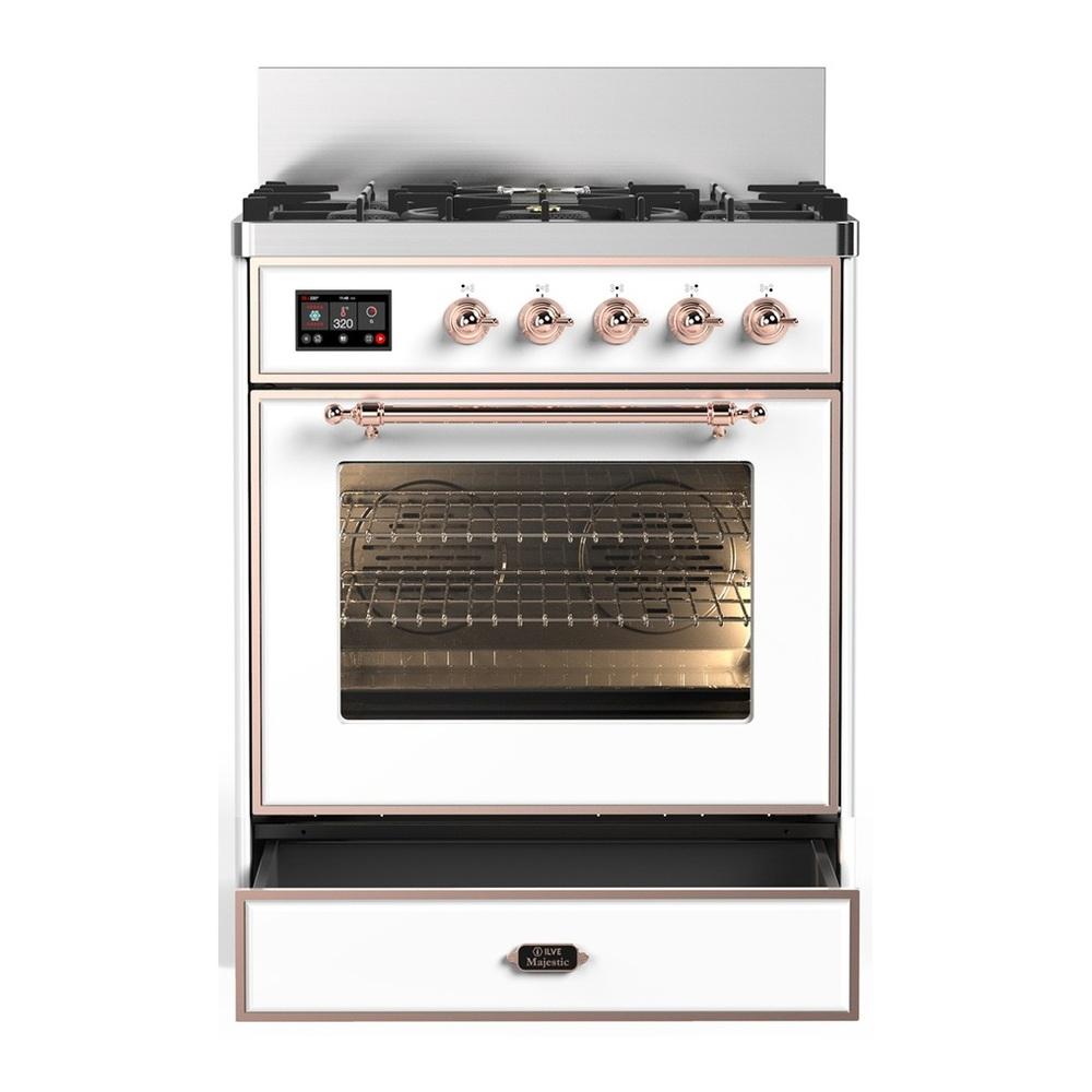 Ilve UM30NR3WHP Ilve Um30Nr3Whp Majestic Iii 30 Inch Dual Fuel Range With 5 Black Brass Burners, Dual Function Burner Up To 25,000 Btu (Natural Gas, Triple Glass Door, White, Copper)