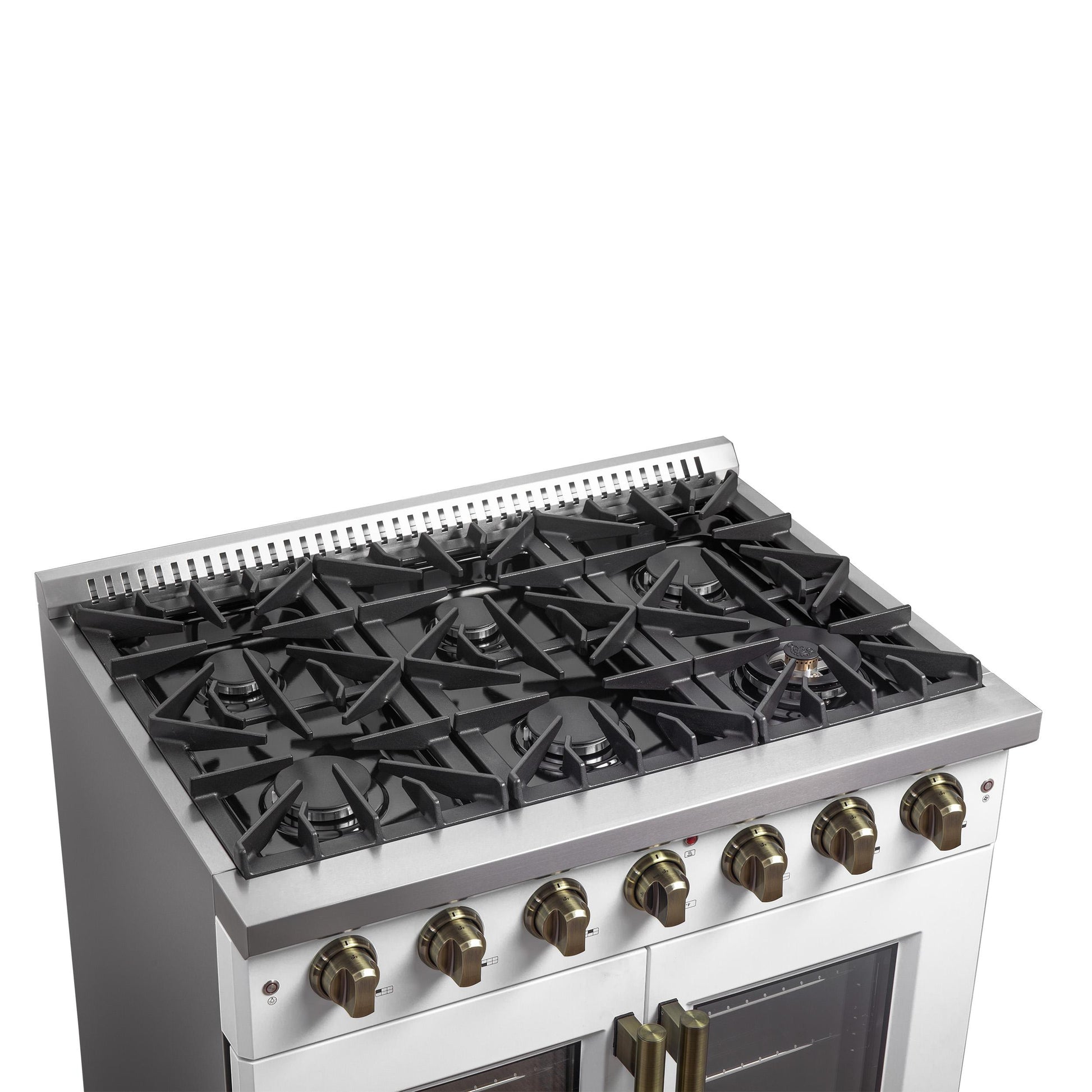 Forno FFSGS644436WHT Forno Galiano 36-Inch French Door Gas Range White And Antique Brass Design, 6 Sealed Burners 83,000 Btu, 5.36 Cu.Ft. Convection Oven