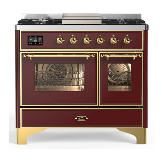 Ilve UMD40FNR3BUG Ilve Umd40Fnr3Bug Majestic Iii 40 Inch Dual Fuel Range With 6 Burners And Griddle, Dual Function Burner Up To 25,000 Btu (Natural Gas, Triple Glass Door, Burgundy, Brass)