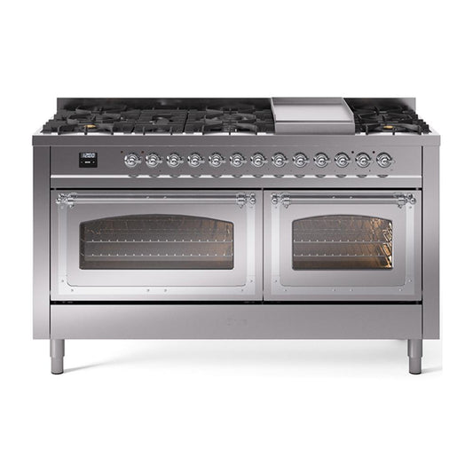 Ilve UN60FNMPSSCLP Ilve Un60Fnmpssclp Nostalgie Ii Noblesse 60" Dual Fuel Range (9 Sealed Burners + Griddle, Liquid Propane, Triple Glass Door, Stainless Steel, Chrome)
